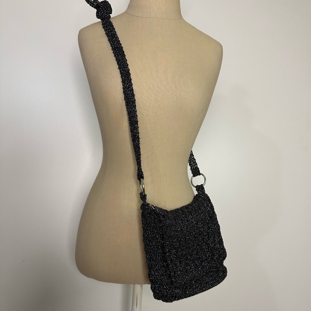 Black shimmery crochet knit crossbody bag
